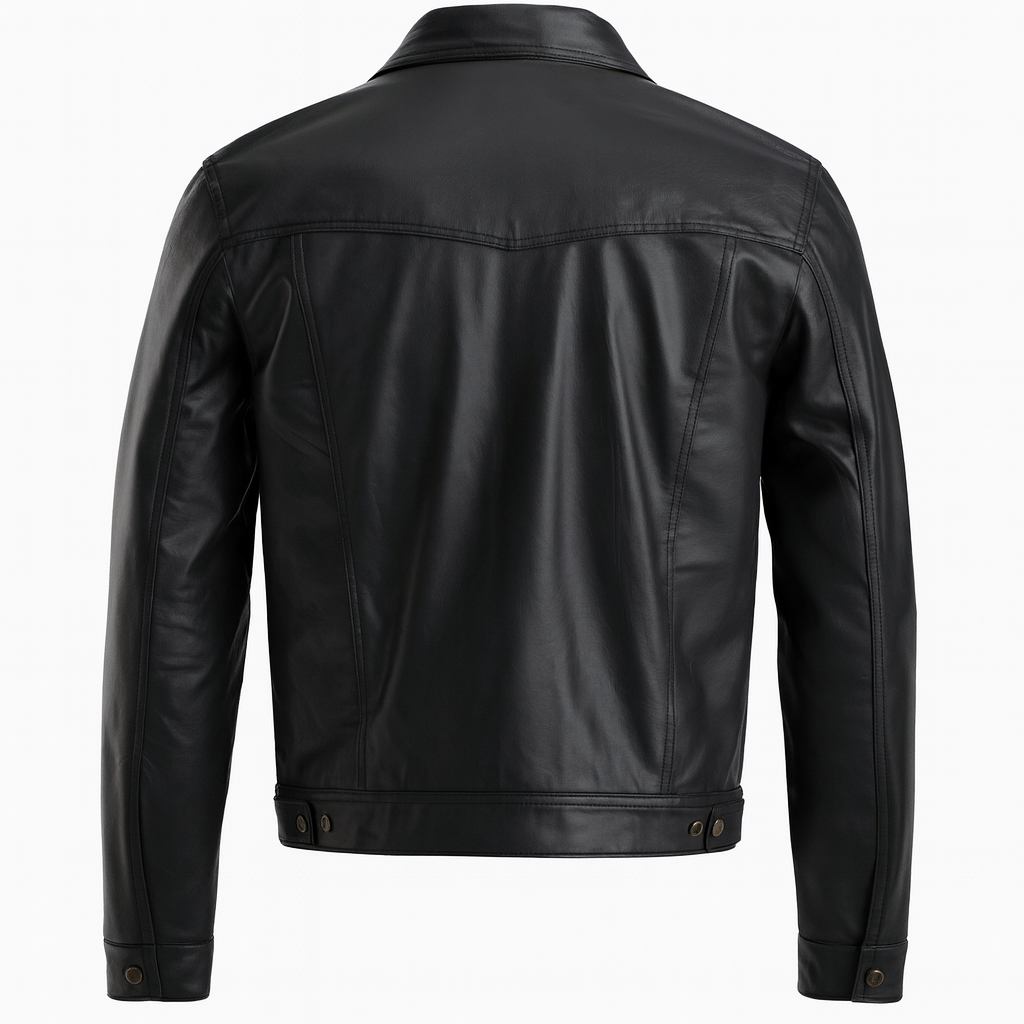 TORQ-X Denim-Style Leather Trucker Jacket - Black