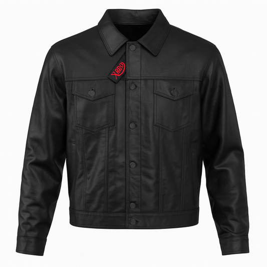 TORQ-X Denim-Style Leather Trucker Jacket - Black