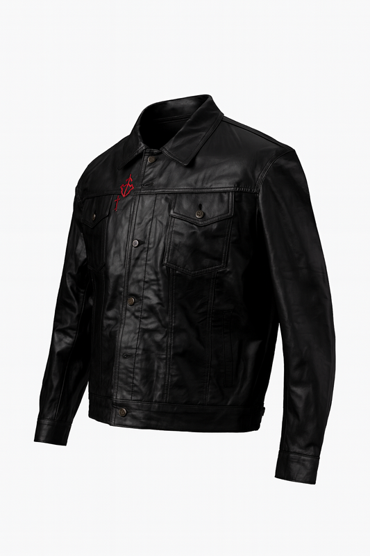 TORQ-X Denim-Style Leather Trucker Jacket - Black